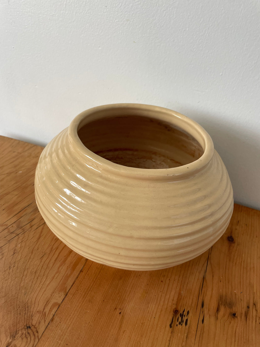 Ridged Cream Pottery Vessel