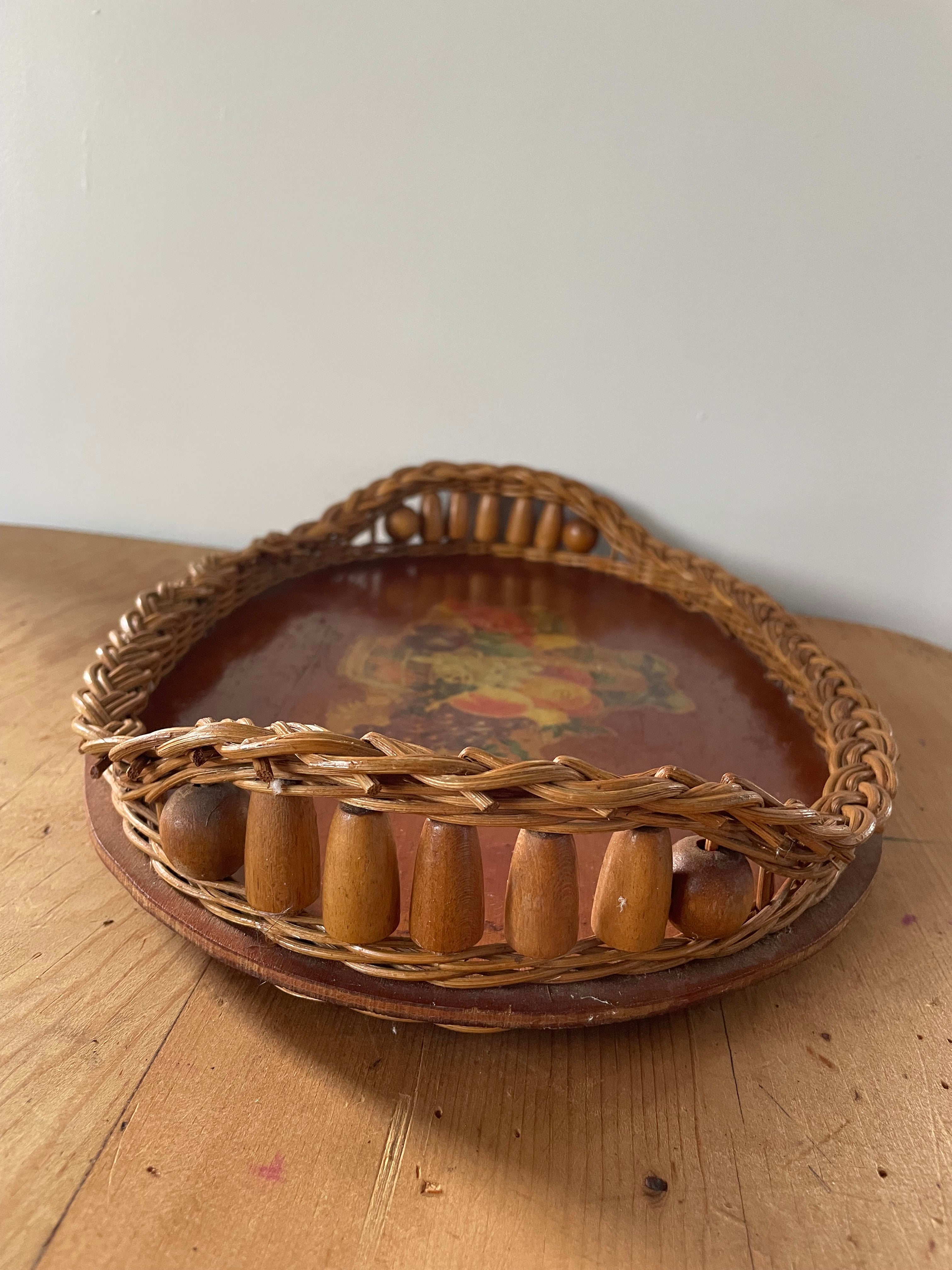 Vintage Beaded Cane Tray with Fruit Display