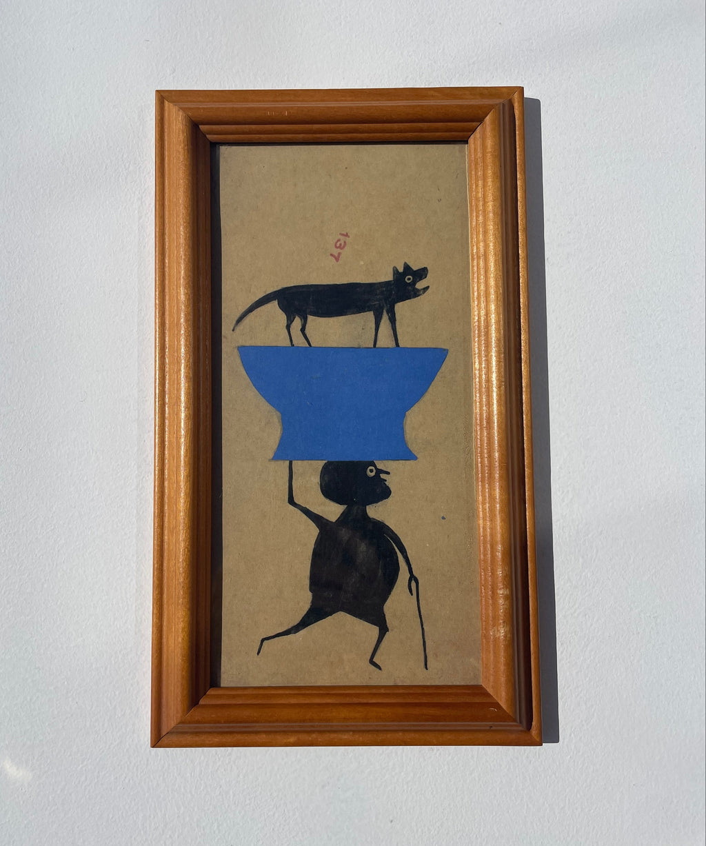 Folk Art Cat On Blue Bowl Print