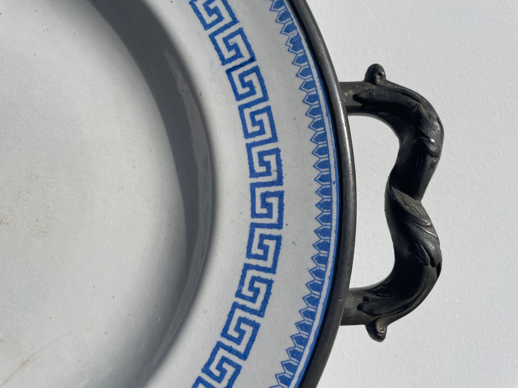 Antique Pewter Plate Warmer With Greek Pattern
