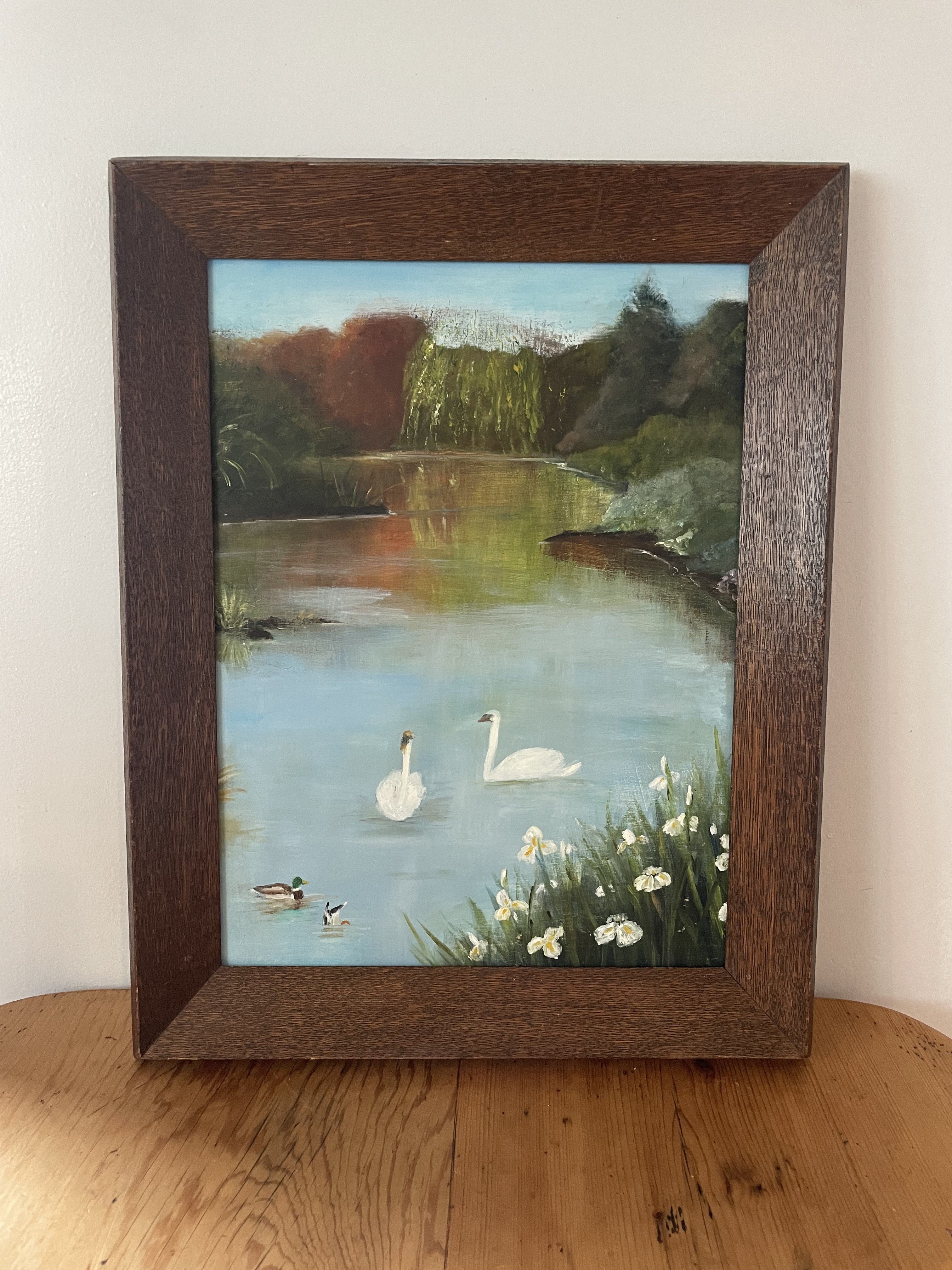 Swan Painting In Oak Frame