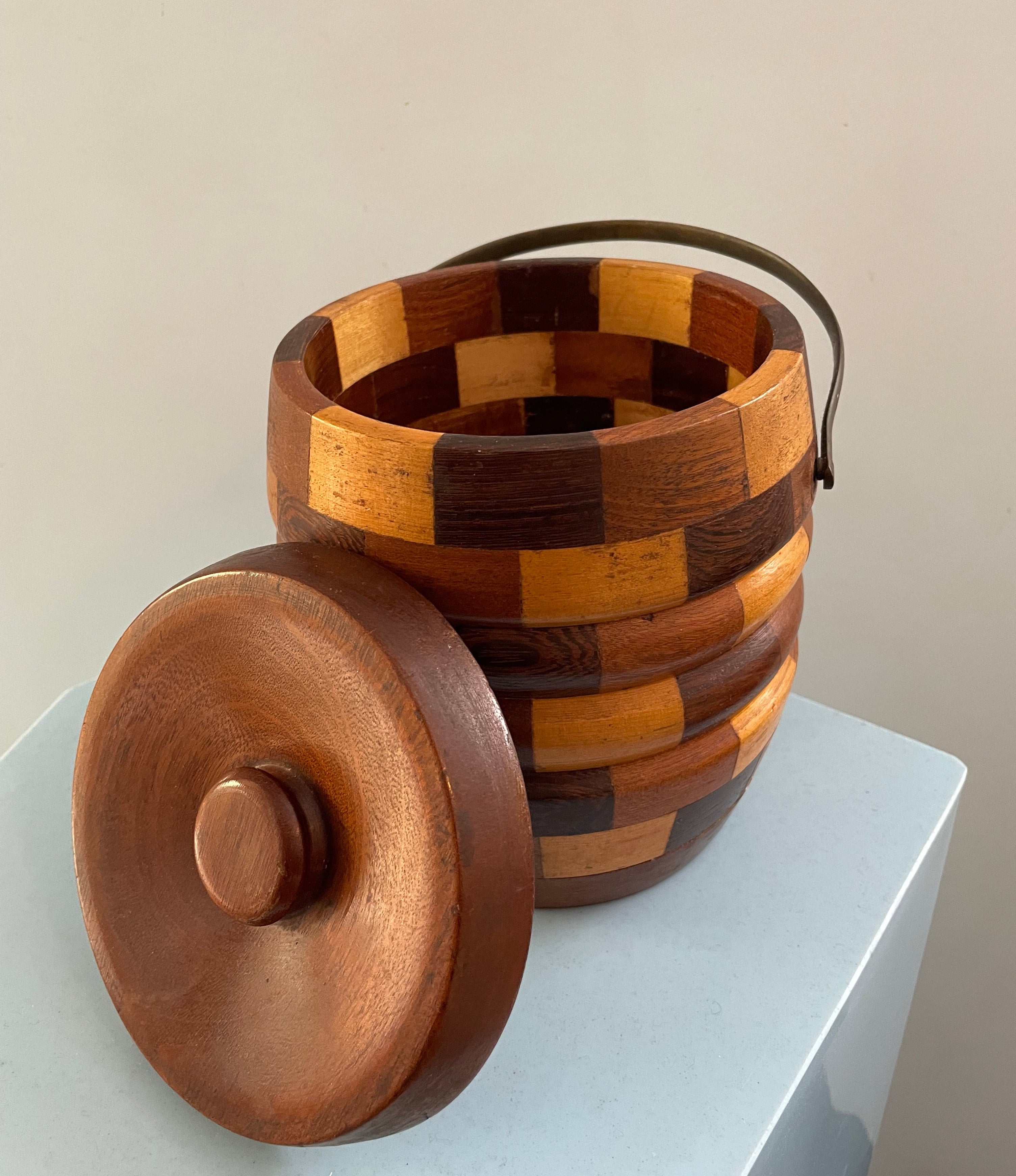 Vintage Wooden Checkered Lidded Vessel