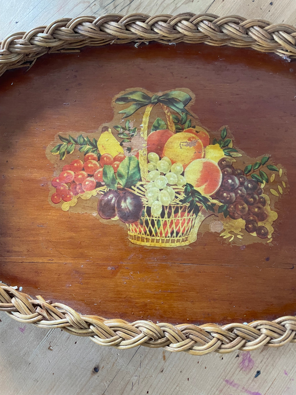 Vintage Beaded Cane Tray with Fruit Display