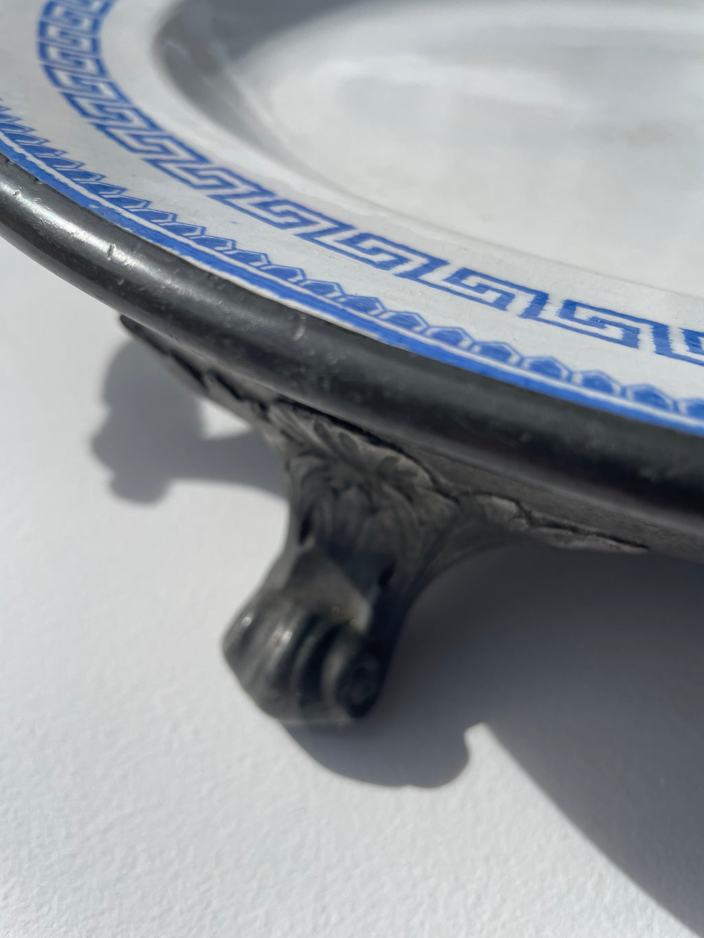 Antique Pewter Plate Warmer With Greek Pattern