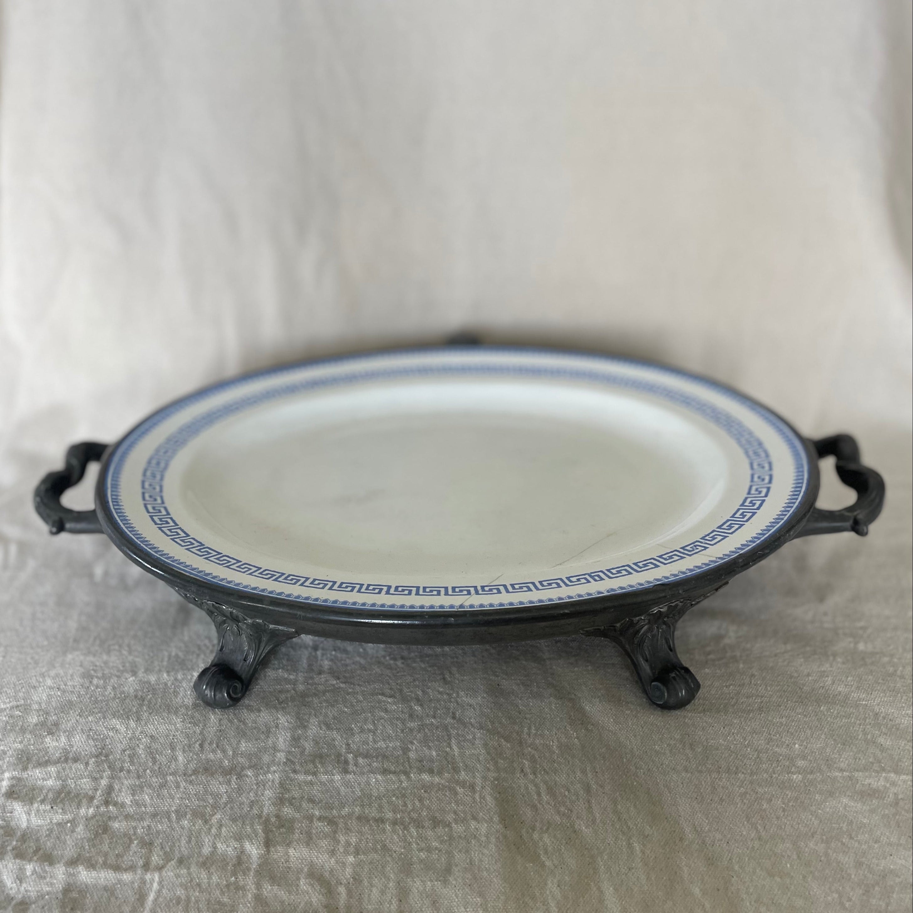 Antique Pewter Plate Warmer With Greek Pattern