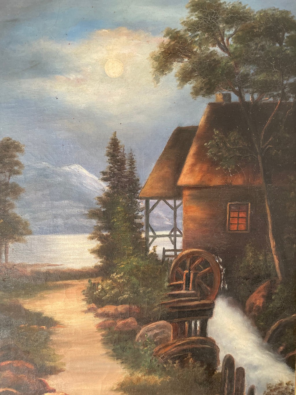Large Antique Moon Painting In Oak Frame
