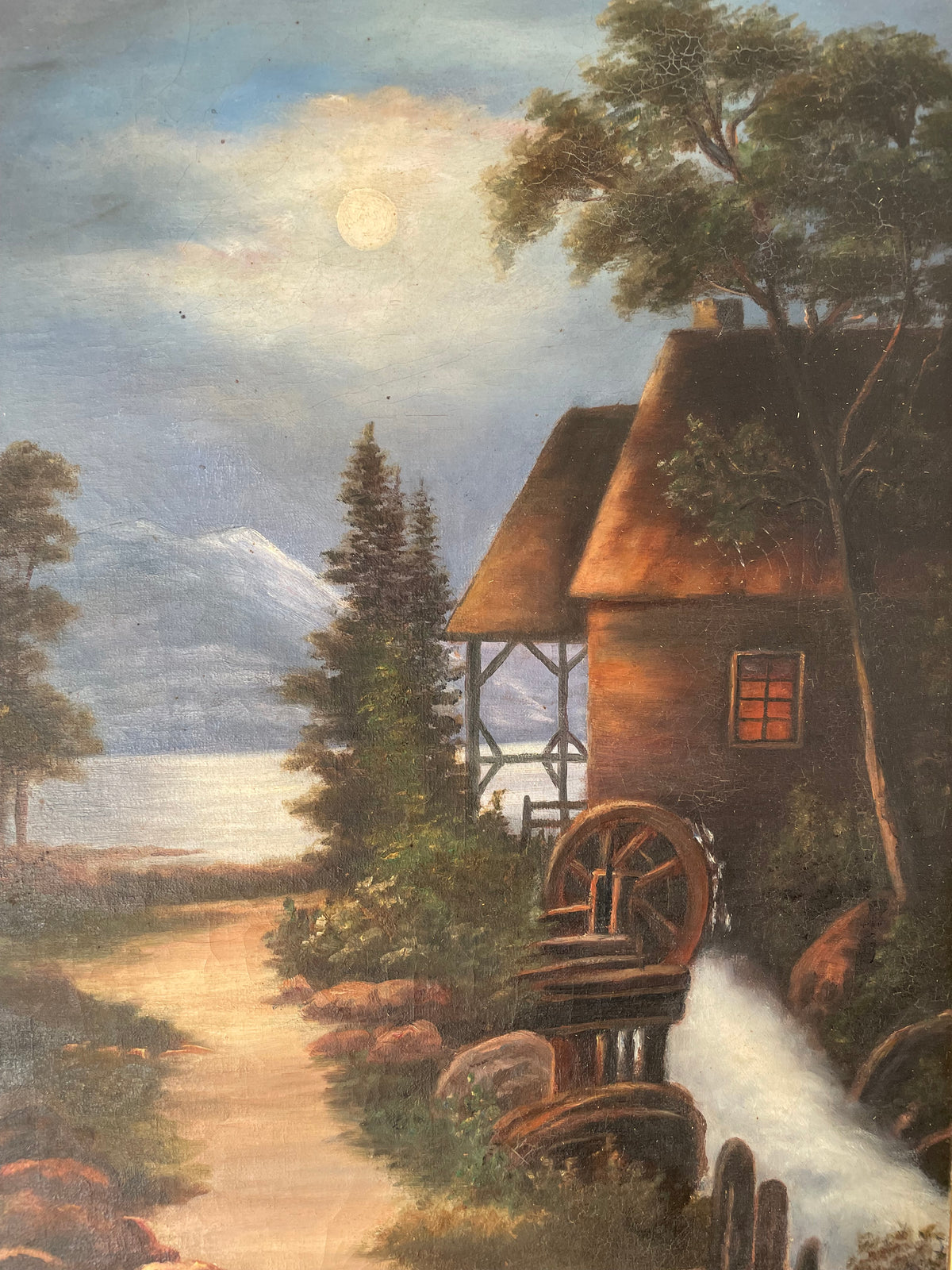 Large Antique Moon Painting In Oak Frame