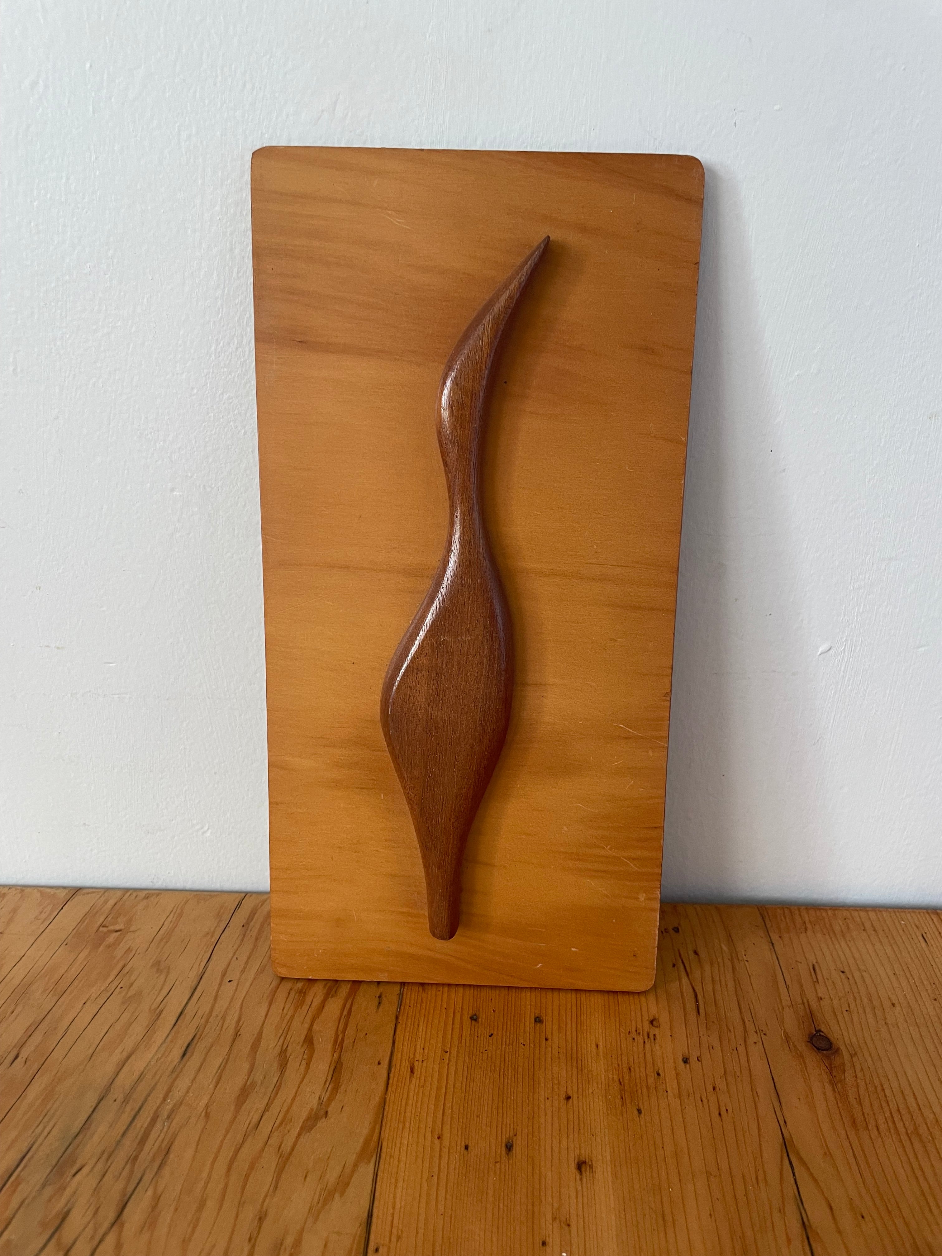 Mid Century Carved Wood Crane Picture