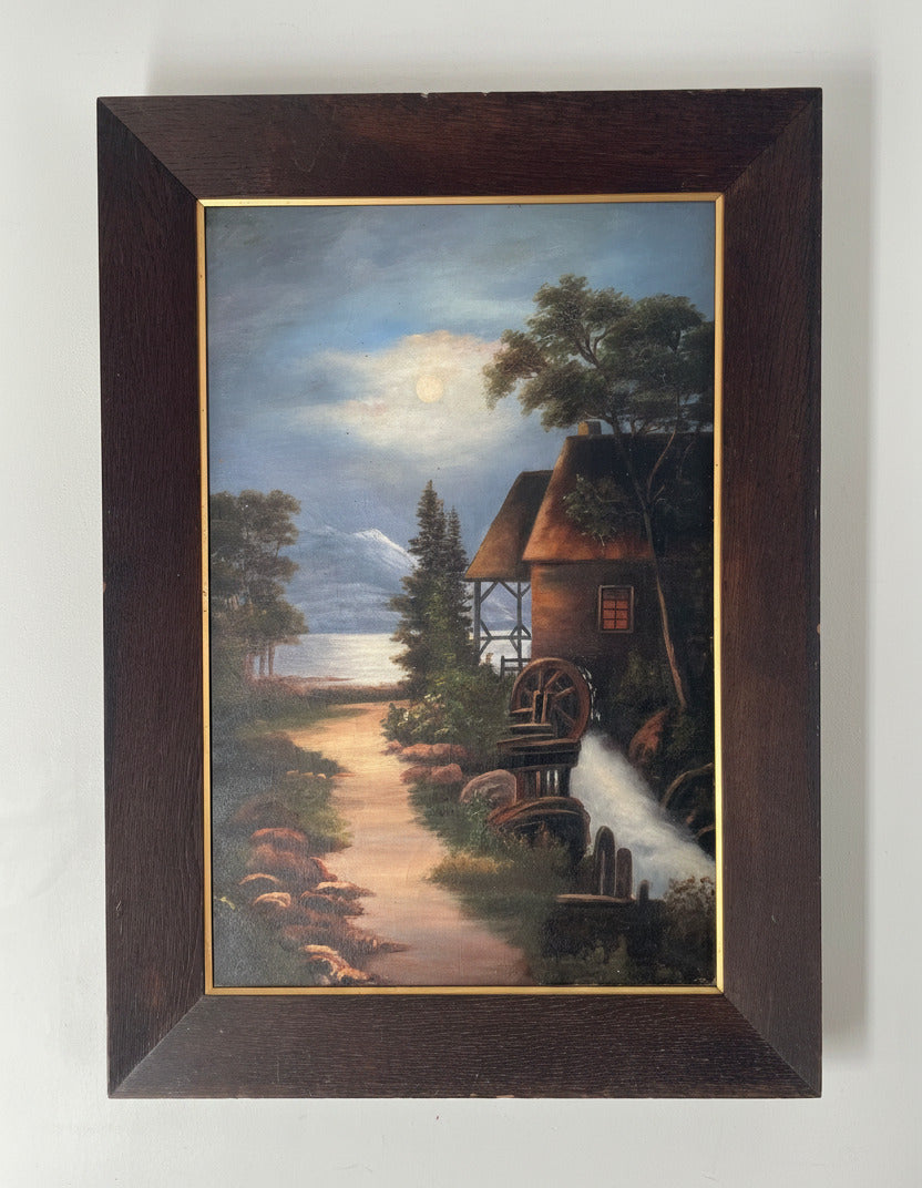 Large Antique Moon Painting In Oak Frame