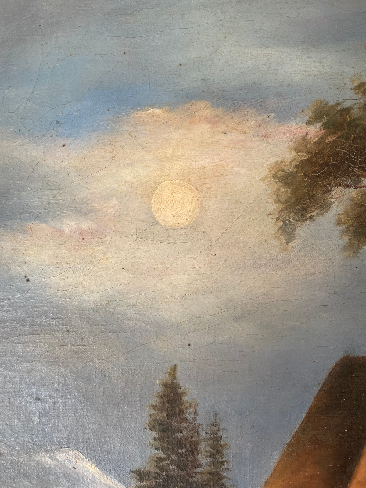 Large Antique Moon Painting In Oak Frame