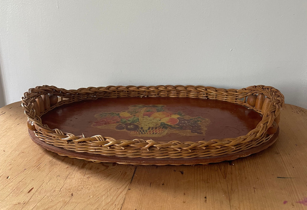 Vintage Beaded Cane Tray with Fruit Display