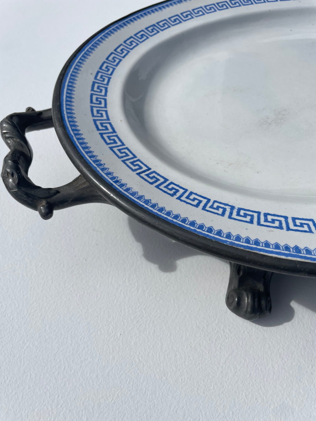 Antique Pewter Plate Warmer With Greek Pattern