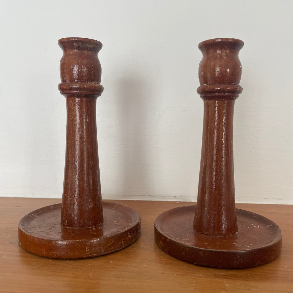 Vintage Wooden Candle Holder Pair