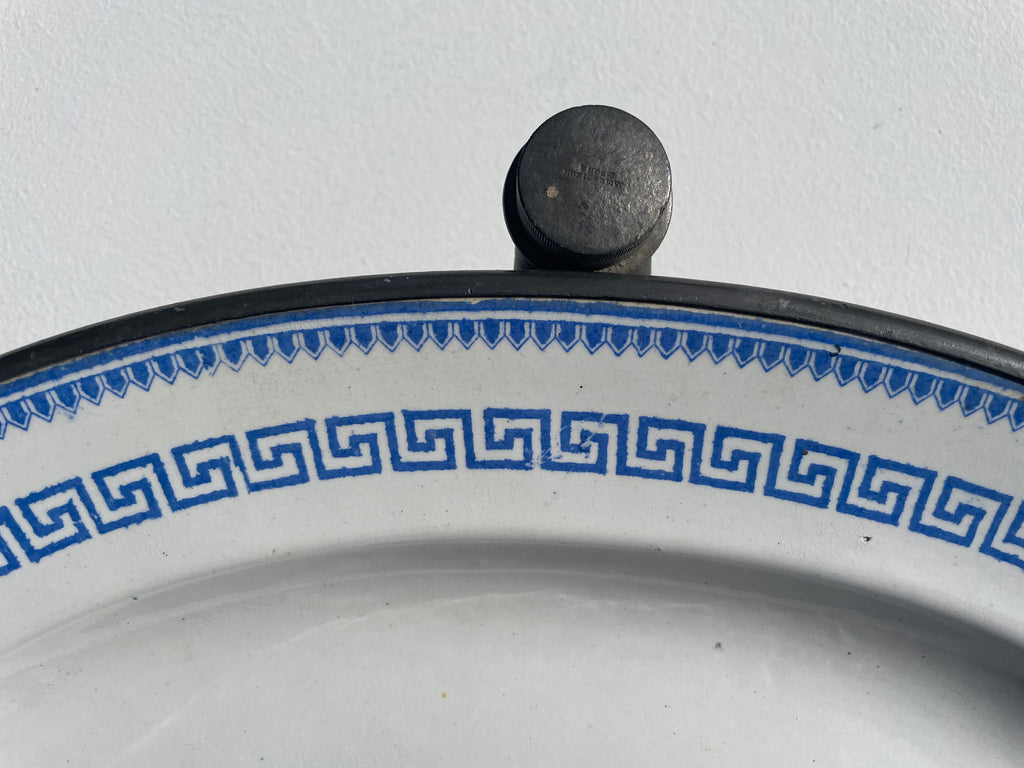 Antique Pewter Plate Warmer With Greek Pattern