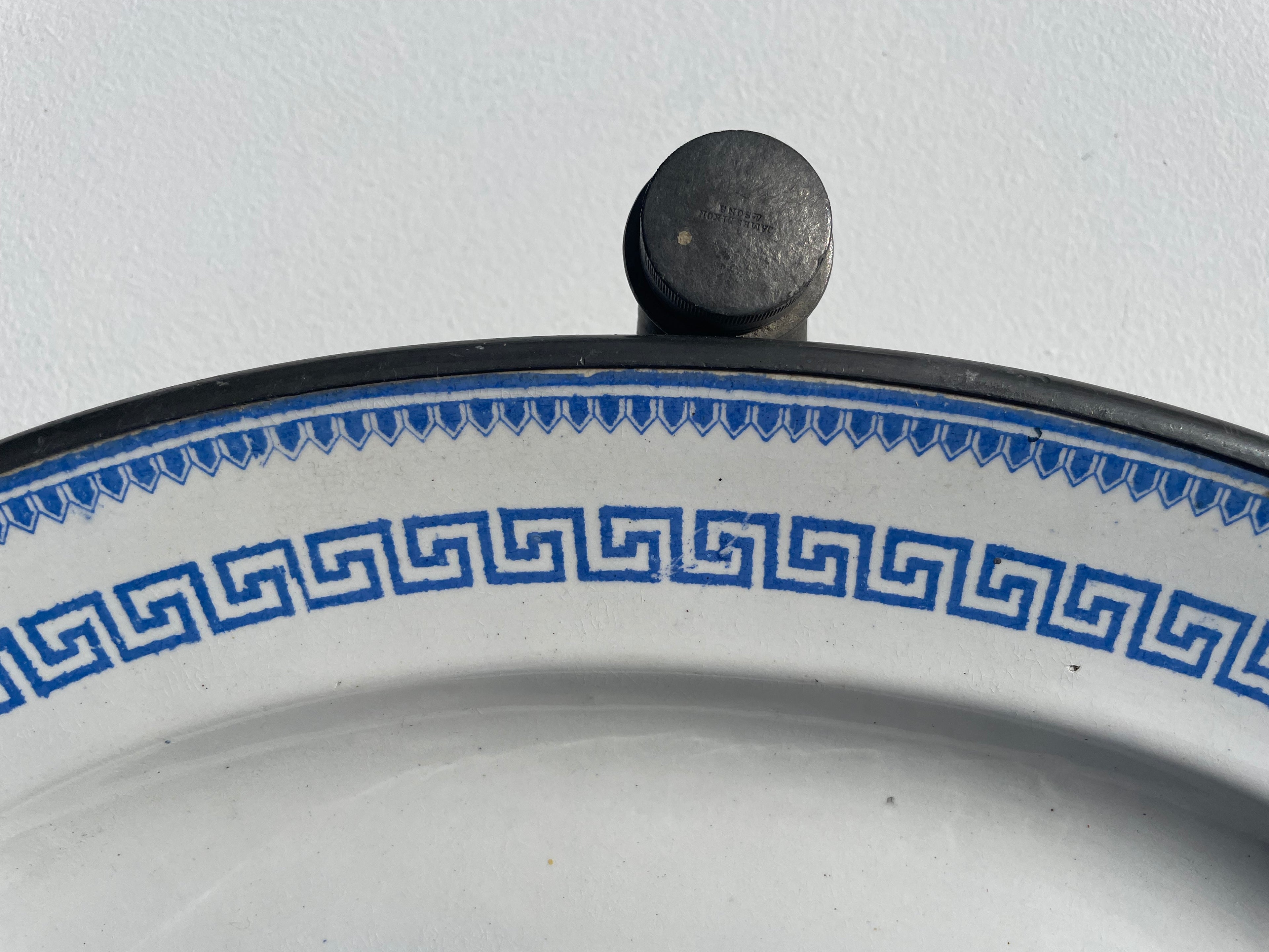 Antique Pewter Plate Warmer With Greek Pattern