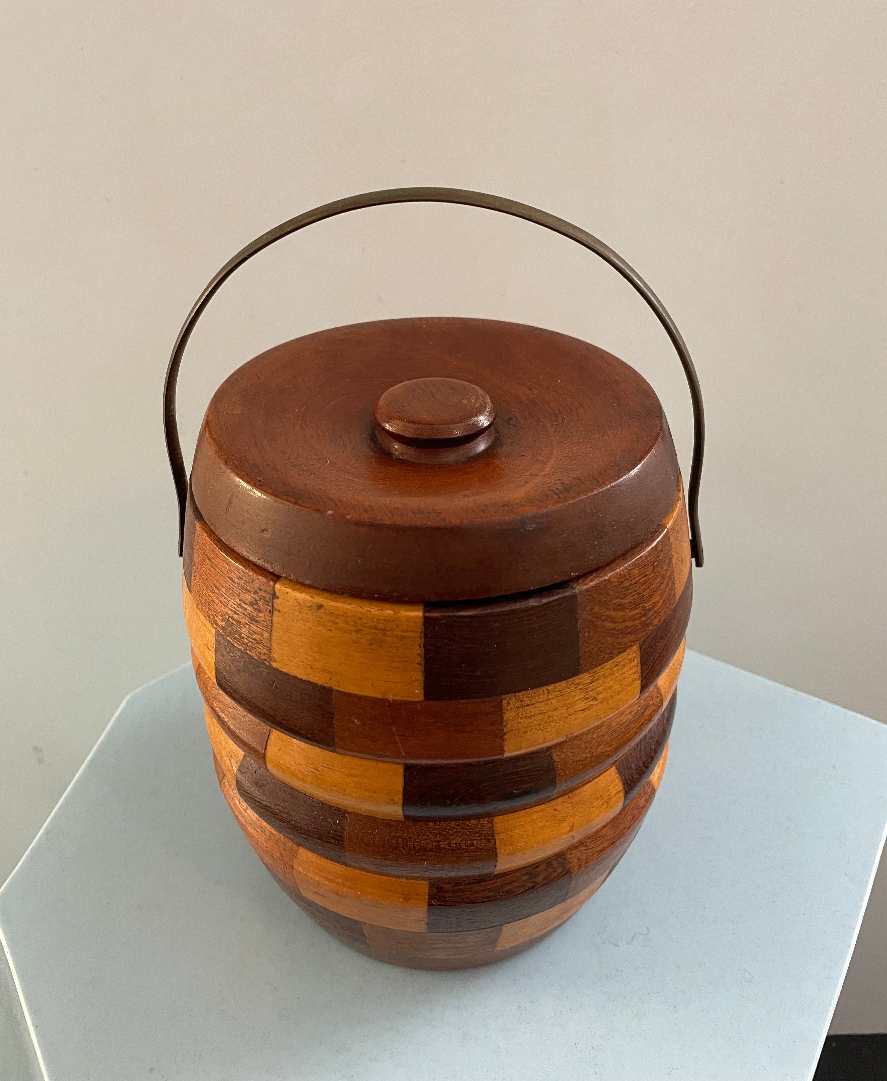 Vintage Wooden Checkered Lidded Vessel