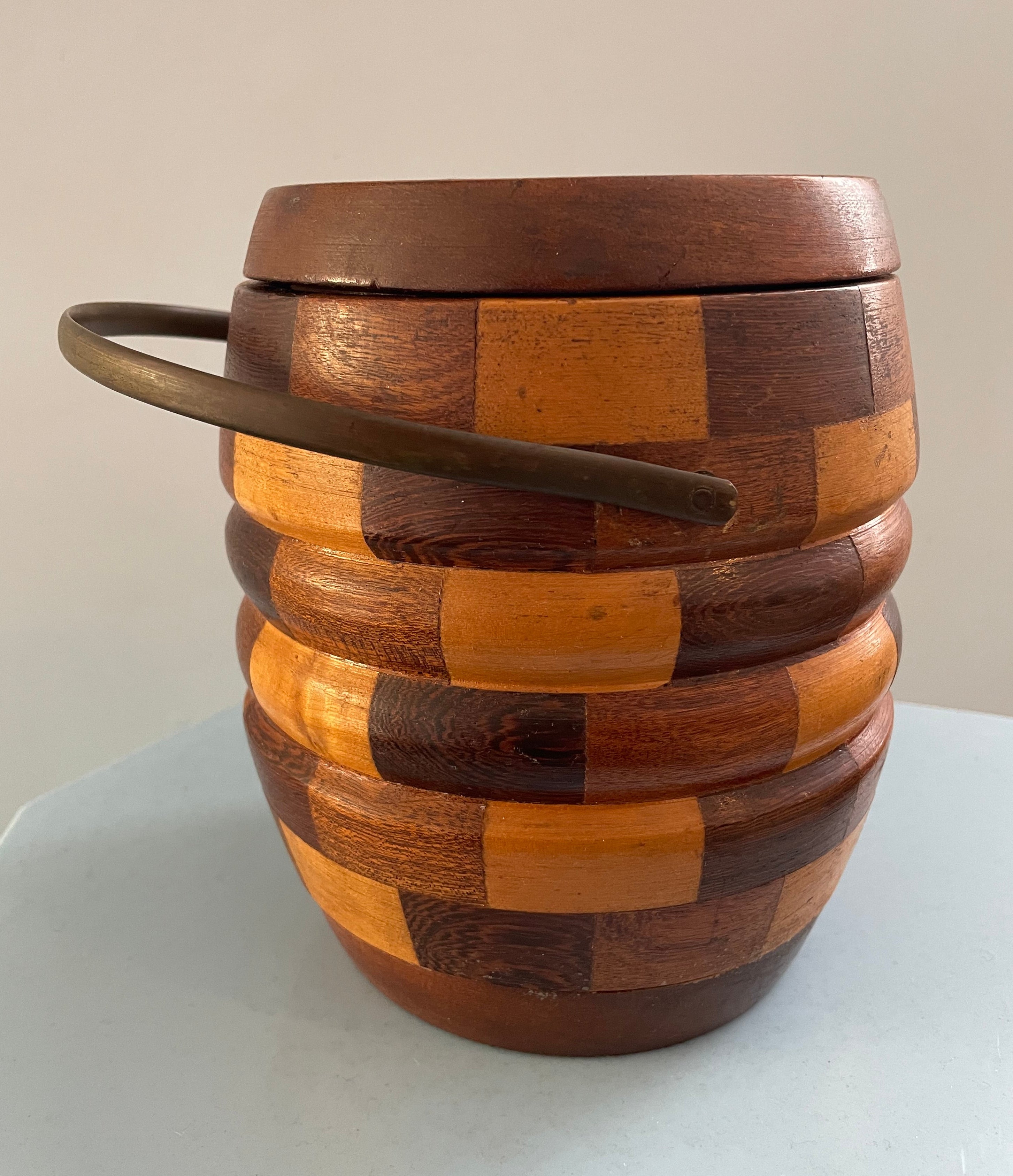 Vintage Wooden Checkered Lidded Vessel