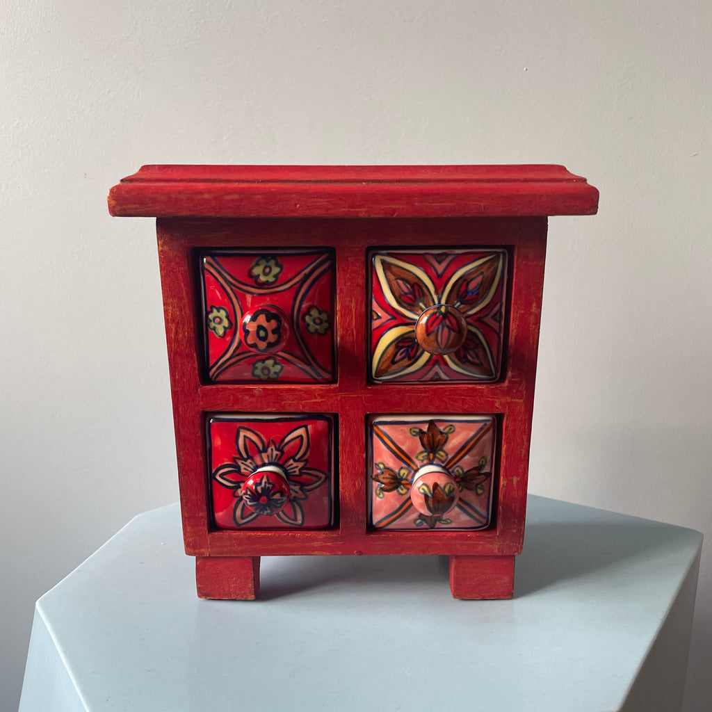 Red Mini Dresser With Porcelain Drawers