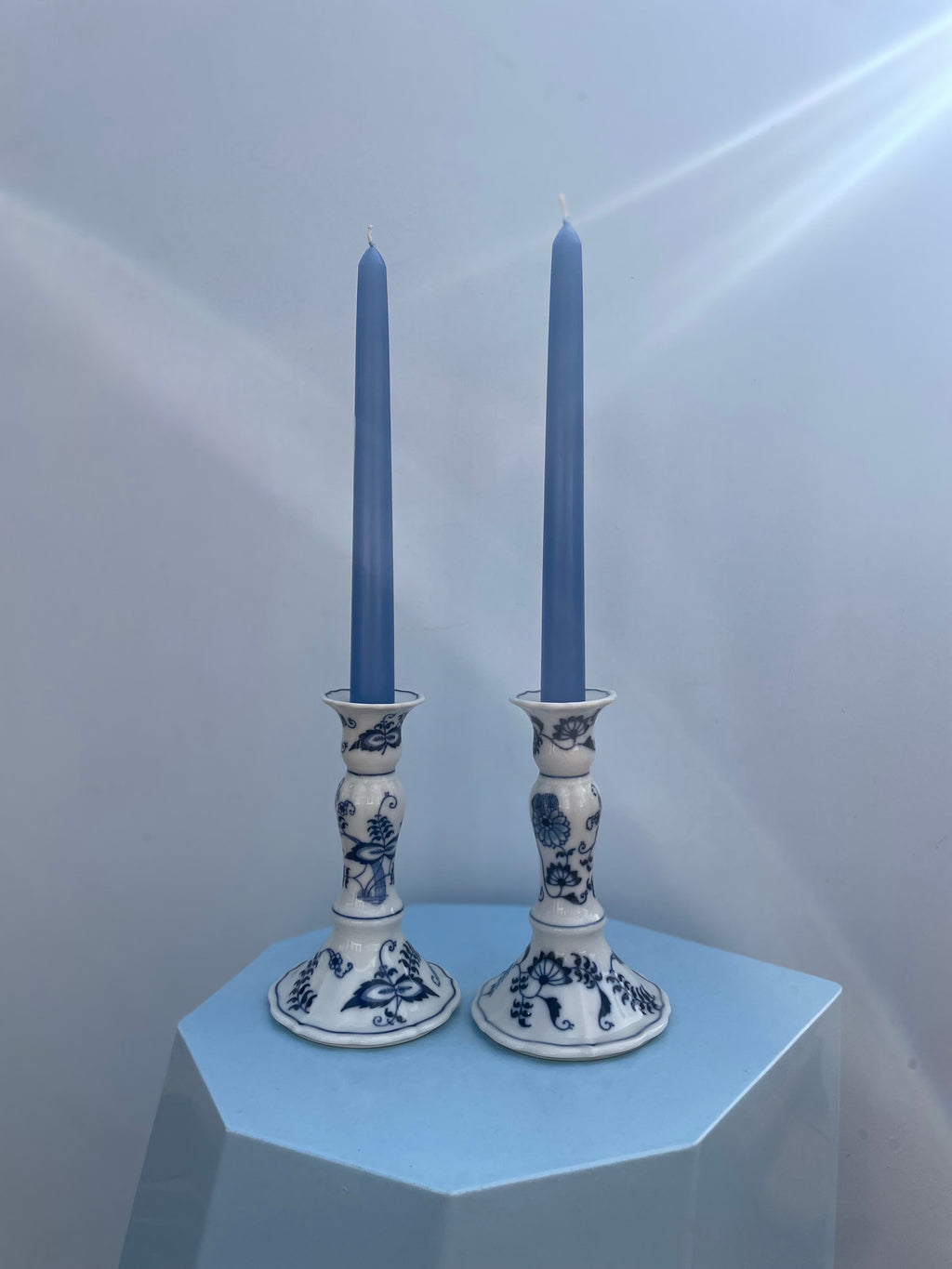 Vintage Blue Onion Porcelain Candleholders