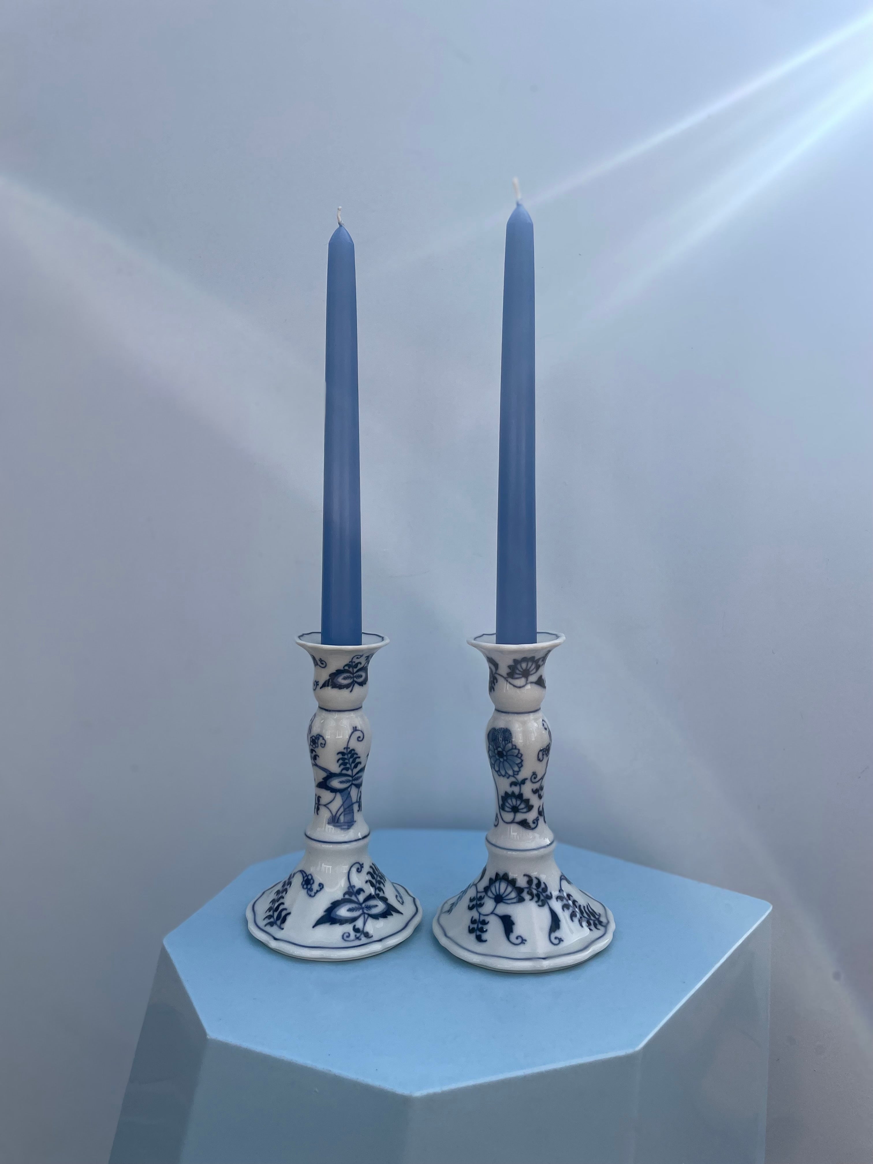Vintage Blue Onion Porcelain Candleholders