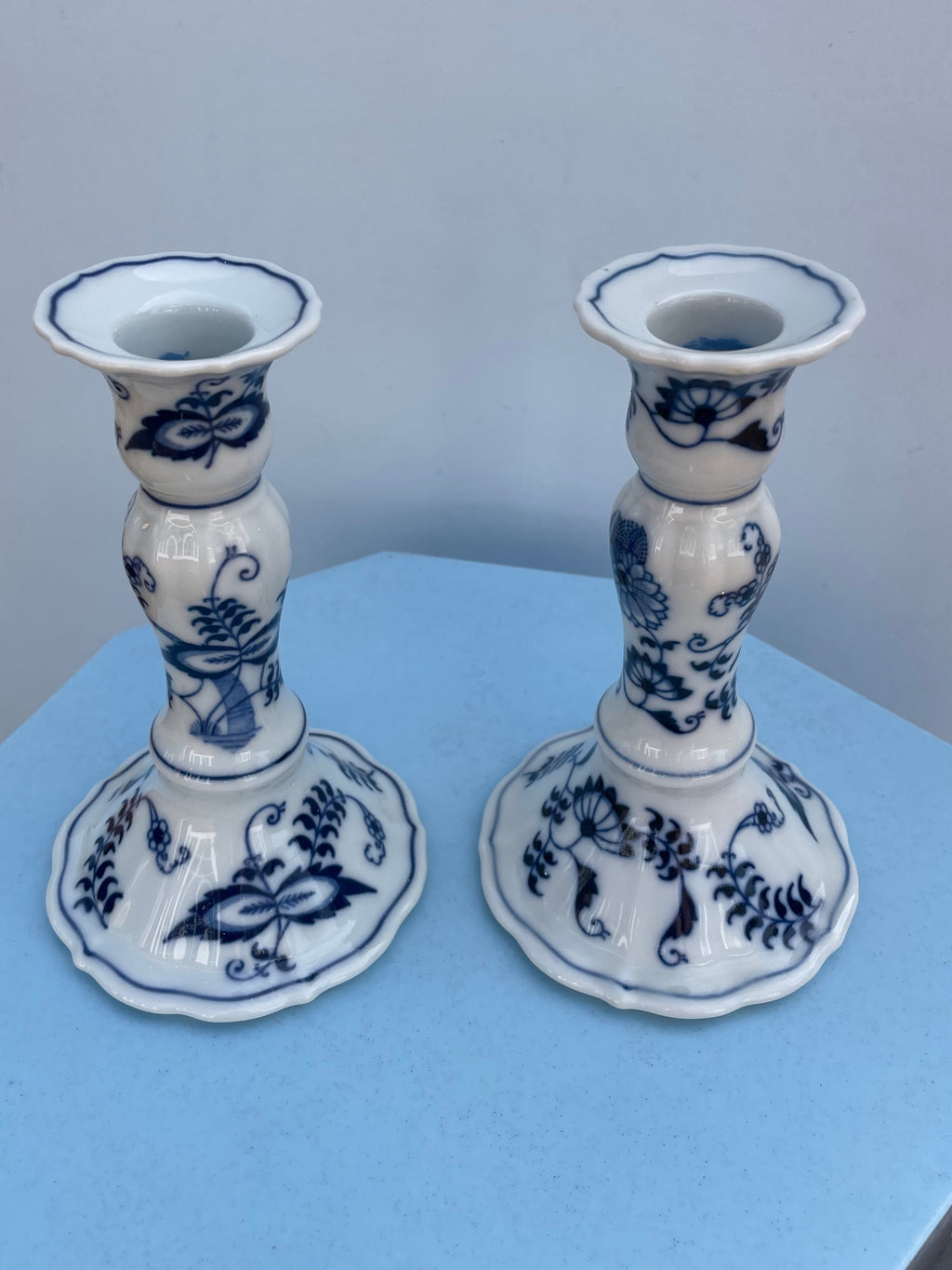 Vintage Blue Onion Porcelain Candleholders
