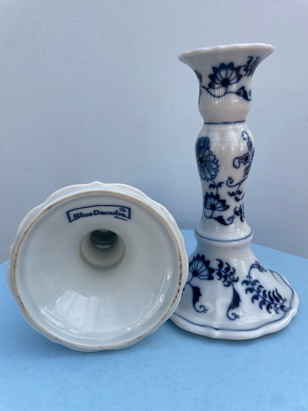 Vintage Blue Onion Porcelain Candleholders