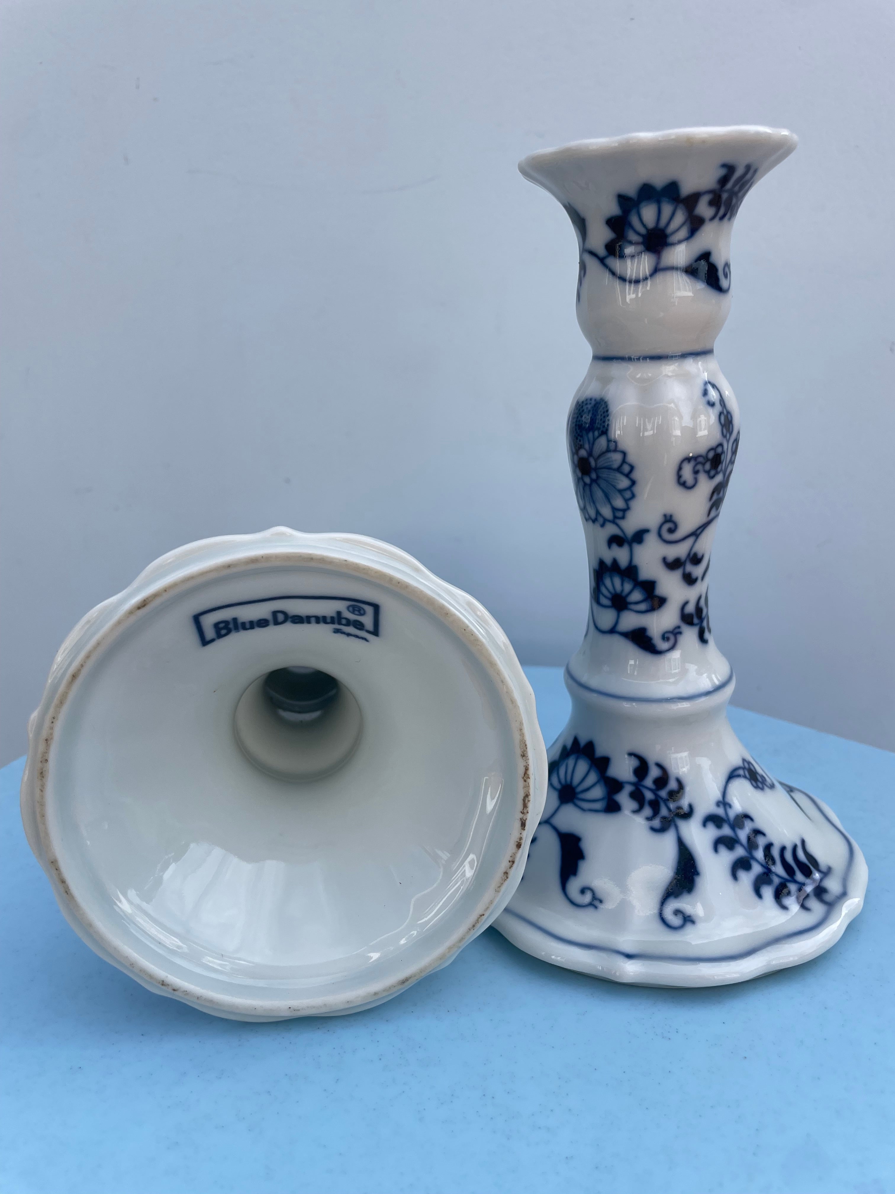 Vintage Blue Onion Porcelain Candleholders