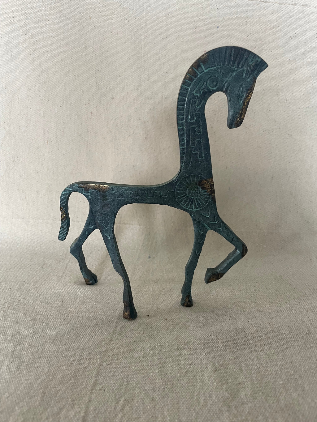 Vintage Mid-Century Modern Etruscan Horse Sculpture – Heavy Brass w/ Verdigris Patina