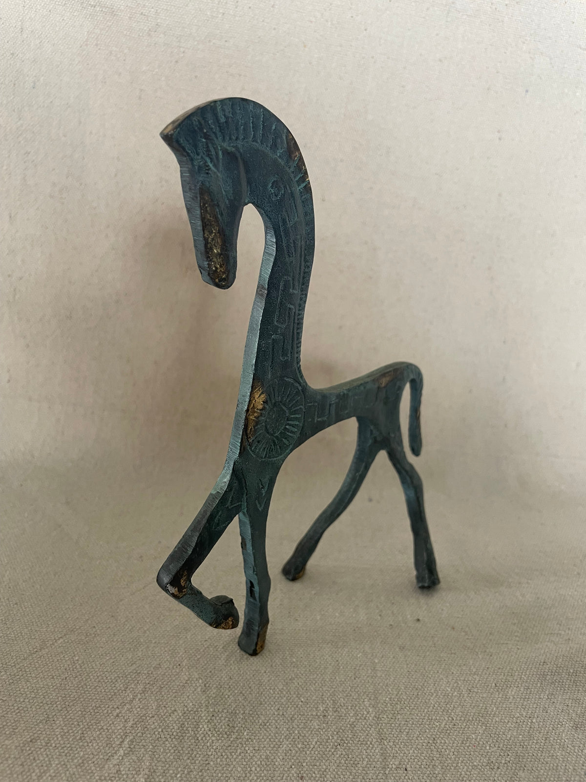Vintage Mid-Century Modern Etruscan Horse Sculpture – Heavy Brass w/ Verdigris Patina