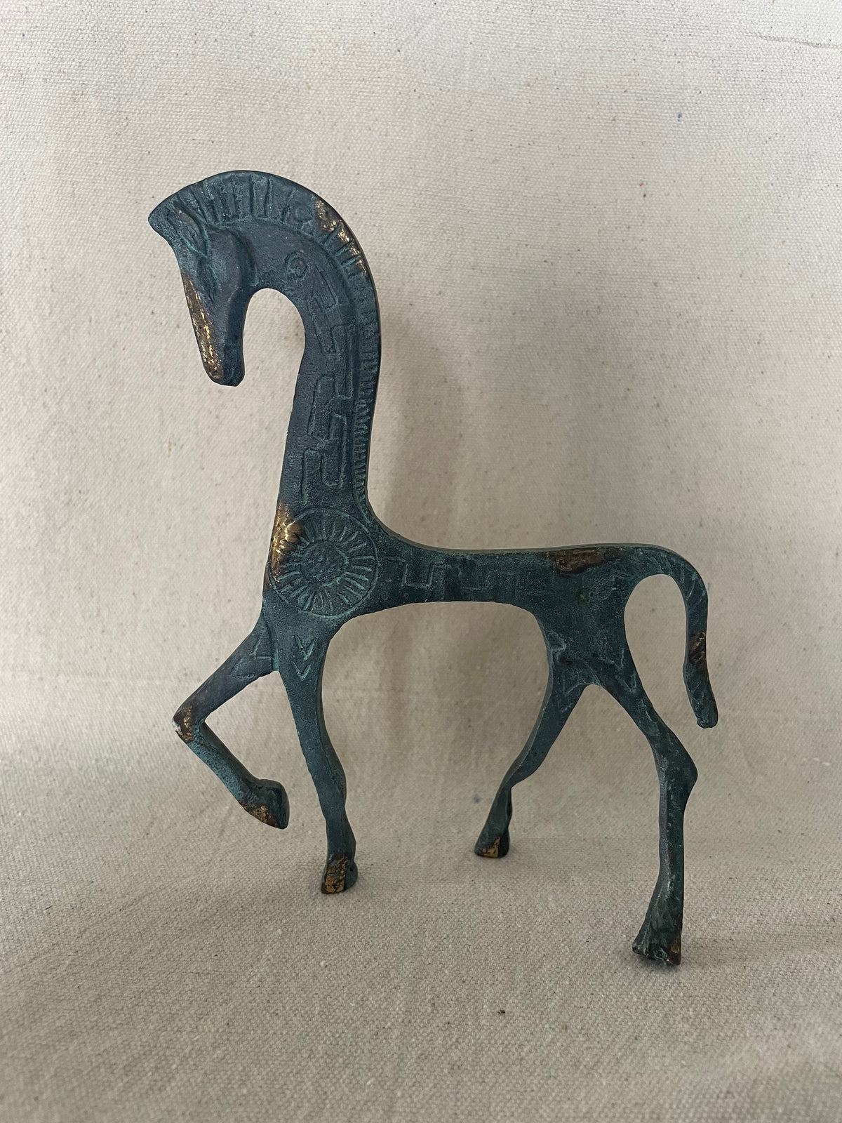 Vintage Mid-Century Modern Etruscan Horse Sculpture – Heavy Brass w/ Verdigris Patina
