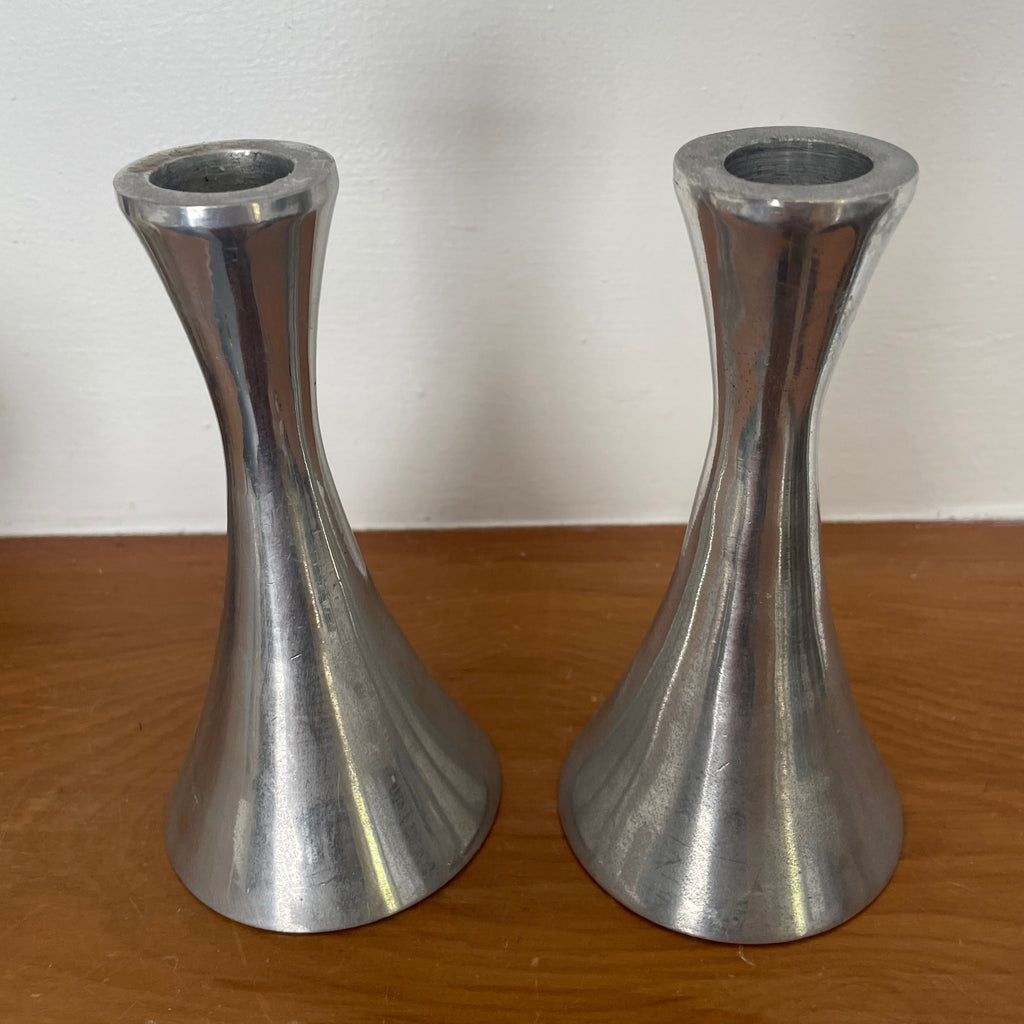 Pair of Vintage Mid-Century Modern Aluminum Candlestick Holders – Tulip Trumpet Style