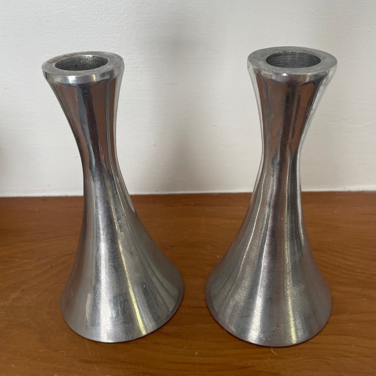 Pair of Vintage Mid-Century Modern Aluminum Candlestick Holders – Tulip Trumpet Style