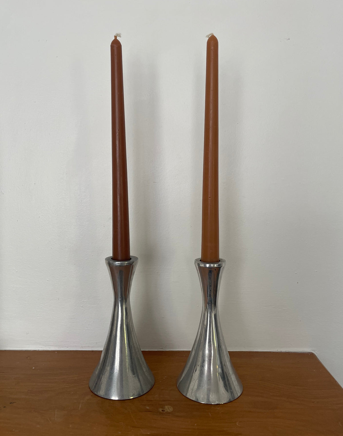 Pair of Vintage Mid-Century Modern Aluminum Candlestick Holders – Tulip Trumpet Style